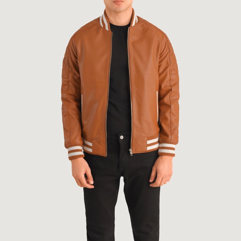 Mens Pascal Tan Brown Leather Varsity Jacket Open Front-4-1704124678808